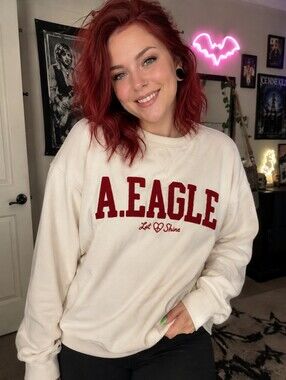 American Eagle Outfitters Cream Crewneck Sweatshirt with Red Lettering